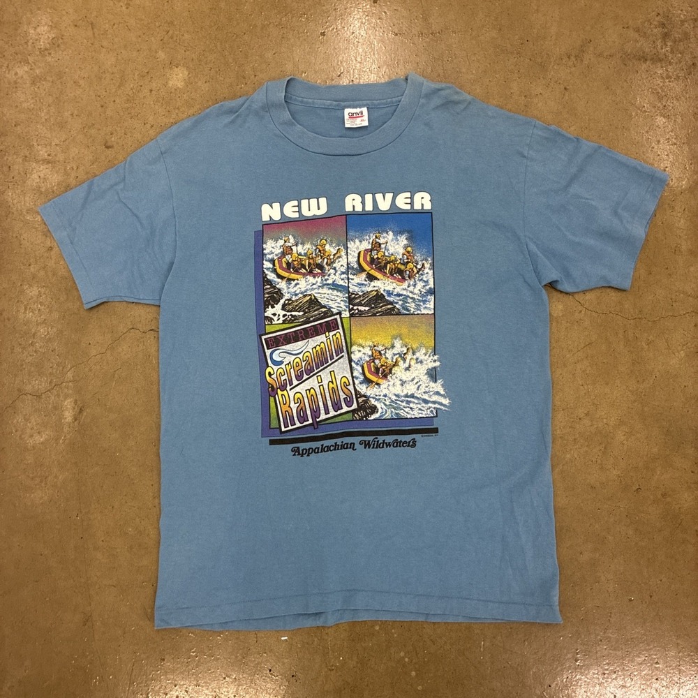 VTG 90s Anvil Appalachian Wildwaters Blue Rafting T-Shirt River USA - Men's XL